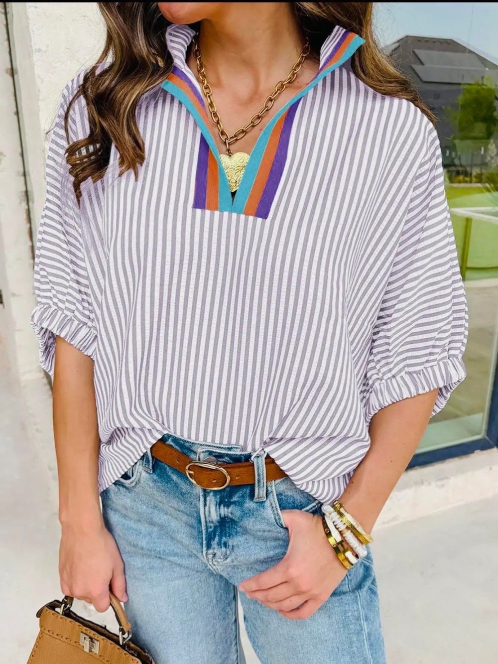 entro Striped V-Neck Tunic with Colorful Trim